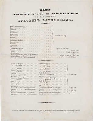 Цены винам в бутылках иностранной разливки, в магазинах братьев Елисеевых, у Полицейского моста, в доме Котомина и близ Голландской биржи на В.О. СПб.: Тип. Э. Праца, 1851.
